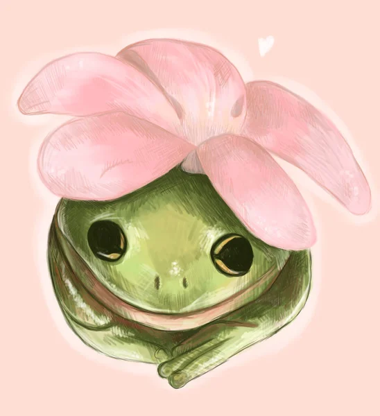 Skizzieren Sie digitalen grünen Frosch mit rosa Blume. Handgezeichnete Illustration. Tierische Silhouette. Wildlife Art, Grafik für Stoff, Postkarte, Grußkarte, Buch — Stockfoto