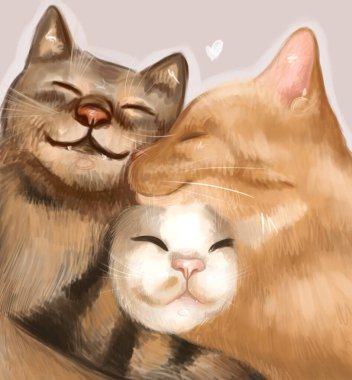 Üç mutlu kedi sarılıyor. Evcil hayvanlar en iyi arkadaşlardır. Dijital 2d illüstrasyon. Neşeli kedi yavrusu.