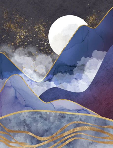 Antecedentes. Texturizado mointains, luna y nubes. collage abstracto de las montañas. Ilustrador de fondo, papel pintado, tela — Foto de Stock