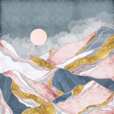 Ağaçlı dağların siluetleri. Altın elementli desenli alçının soyutlanması. İç baskı için duvar resimleri, duvar kağıtları