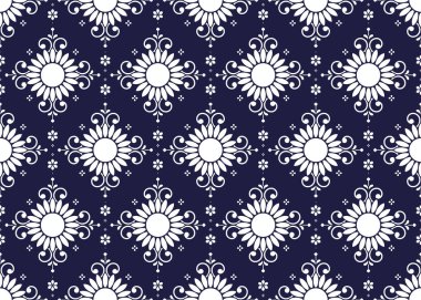 Koyu mavi arka planda pürüzsüz beyaz mandalalar, etnik kumaş deseni, Portekiz tarzı, kumaş, halı, batik, duvar kağıdı, ambalaj, vb..