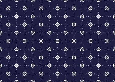 Koyu mavi arkaplanda pürüzsüz beyaz çiçek, kumaş, halı, batik, duvar kâğıdı, ambalaj vesaire için tasarım.