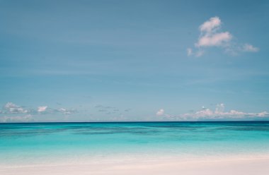 Deniz ve plaj - film filtresi ile yumuşak odak ile mavi gökyüzü