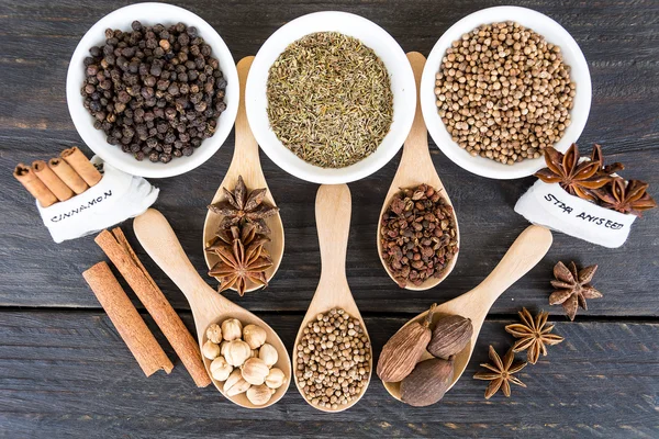 Spices and herbs in  bowls. — Stock Photo, Image