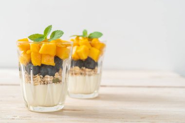 Ev yapımı taze mango ve yoğurt ve granola ile taze yaban mersini. Sağlıklı yemek tarzı.