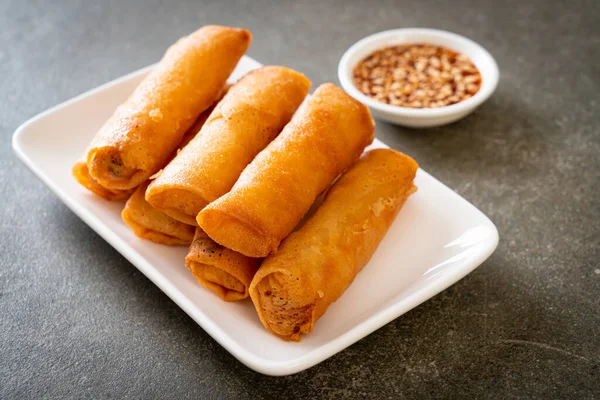 Deep Fried Spring Roll Sauce White Plate — Stock Photo, Image