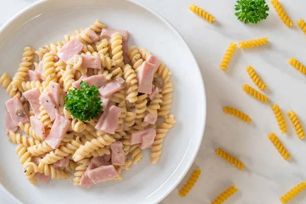 Spirali Spiral Pasta Mushroom Cream Sauce Ham Italian Food Style — Stock Photo, Image