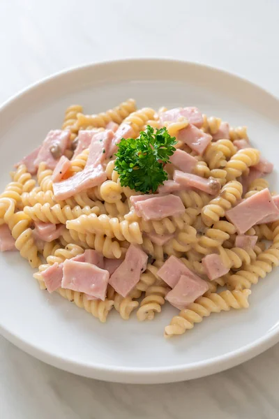 Spirali Spiral Pasta Mushroom Cream Sauce Ham Italian Food Style — Stock Photo, Image