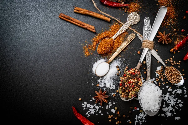 Set Spices Herbs Spoon Copy Space Black Background — Stock Photo, Image