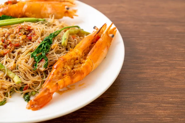 Stir Fried Rice Vermicelli Water Mimosa River Prawns Plate — Stock Photo, Image