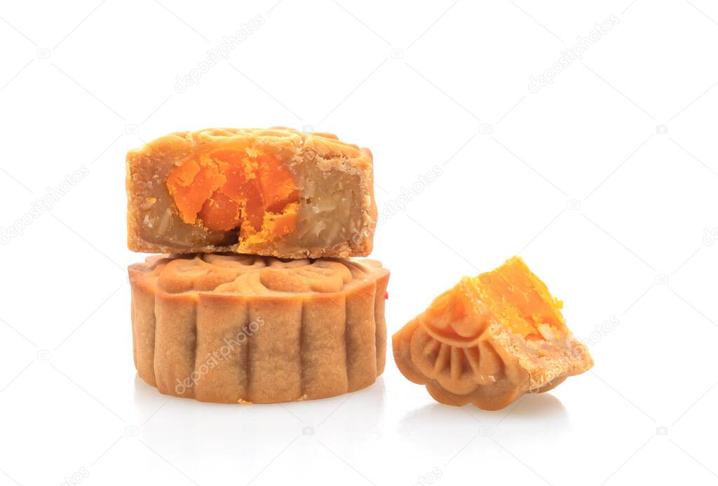 Chinese moon cake durian and egg yolk flavour isolated on white background