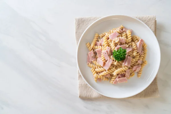 Spirali Spiral Pasta Mushroom Cream Sauce Ham Italian Food Style — Stock Photo, Image