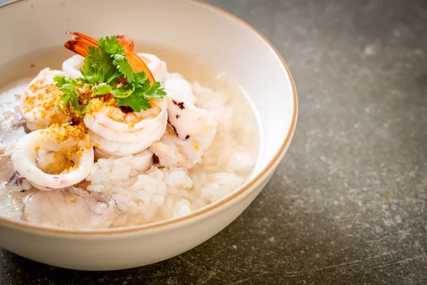 Mingau Sopa Arroz Cozido Com Frutos Mar Camarões Lulas Peixes — Fotografia de Stock