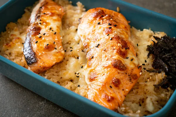 baked salmon with cheese and spicy miso rice bowl