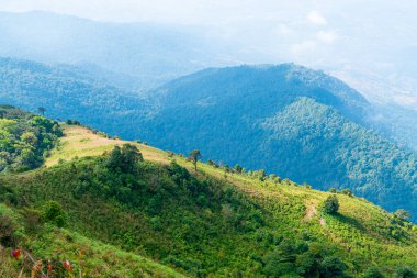 Tayland, Chiang Mai 'deki Kew Mae Pan Doğa Yolu' nda bulutlu ve mavi gökyüzü olan güzel bir dağ tabakası.