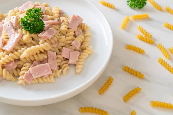 Spirali Spiral Pasta Mushroom Cream Sauce Ham Italian Food Style — Stock Photo, Image