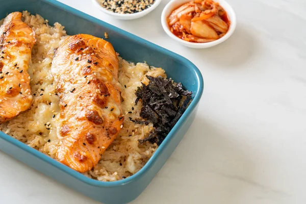 baked salmon with cheese and spicy miso rice bowl