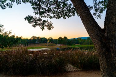 Chiang Mai 'de güzel bir göl. Tayland' da orman dağı ve alacakaranlık gökyüzü var. .