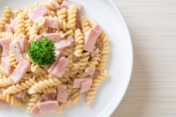 Spirali Spiral Pasta Mushroom Cream Sauce Ham Italian Food Style — Stock Photo, Image