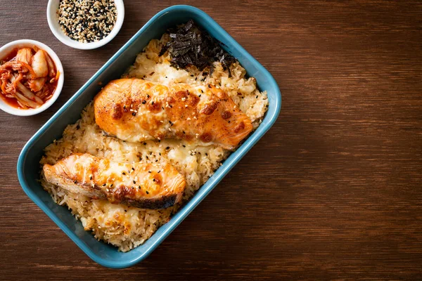 baked salmon with cheese and spicy miso rice bowl