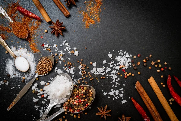 Set Spices Herbs Spoon Copy Space Black Background — Stock Photo, Image