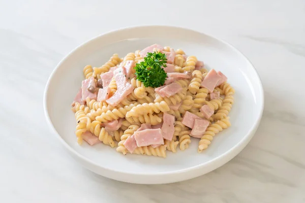 Spirali Spiral Pasta Mushroom Cream Sauce Ham Italian Food Style — Stock Photo, Image