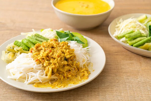 Thai Rice Noodles with Crab Curry and Variety Vegetables - Thai local southern food