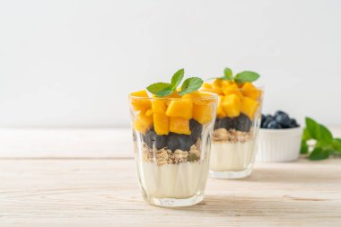 Ev yapımı taze mango ve yoğurt ve granola ile taze yaban mersini. Sağlıklı yemek tarzı.
