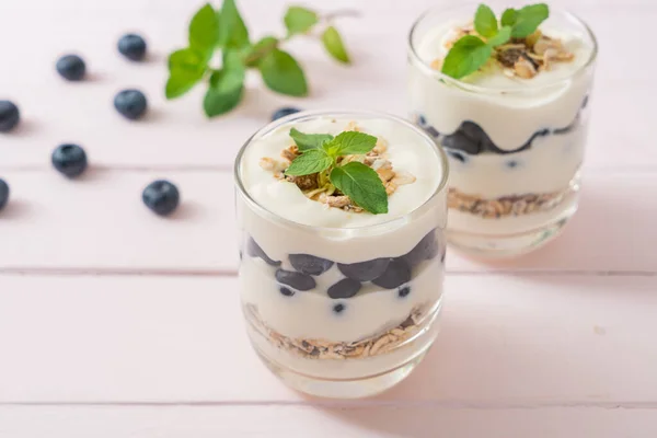 Arándanos Frescos Yogur Con Granola Estilo Comida Saludable — Foto de Stock