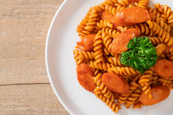 Spiral Spirali Pasta Tomato Sauce Sausage Italian Food Style — Stock Photo, Image