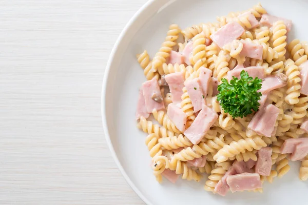 Spirali Spiral Pasta Mushroom Cream Sauce Ham Italian Food Style — Stock Photo, Image