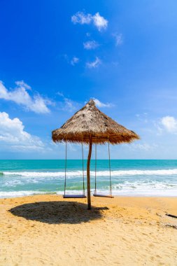 Okyanus denizi ve mavi gökyüzü arka planıyla sahilde sallan