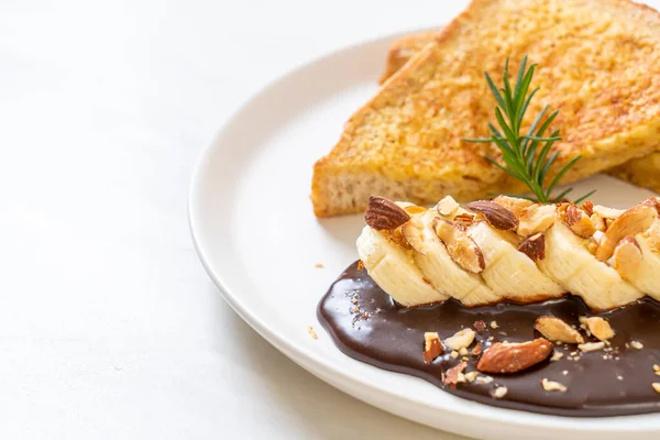 French Toast Banana Chocolate Almonds Breakfast — Stock Photo, Image