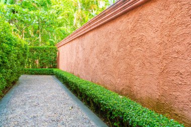Ağaç ve turuncu duvarlı boş yürüyüş yolu