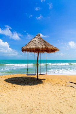 Okyanus denizi ve mavi gökyüzü arka planıyla sahilde sallan