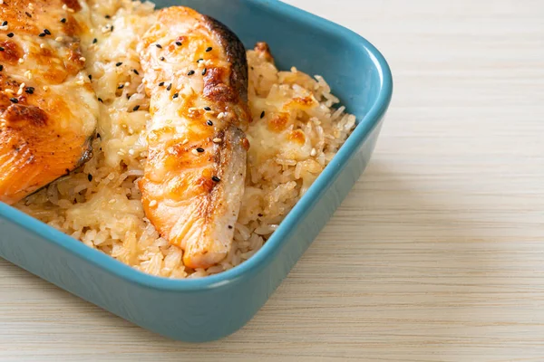 baked salmon with cheese and spicy miso rice bowl