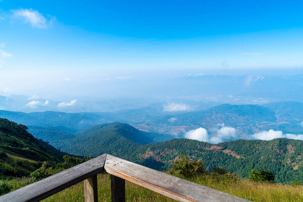 beautiful mountain layer with clouds and blue sky at  Kew Mae Pan Nature Trail in Chiang Mai, Thailand