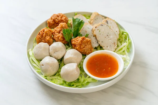Boiled Fish Balls, Shrimp Balls and Chinese Fish Sausage with Spicy Dipping Sauce
