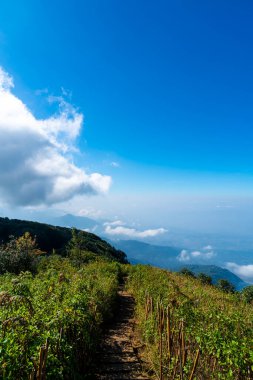 Tayland, Chiang Mai 'deki Kew Mae Pan Doğa Yolu' nda bulutlu ve mavi gökyüzü olan güzel bir dağ tabakası.