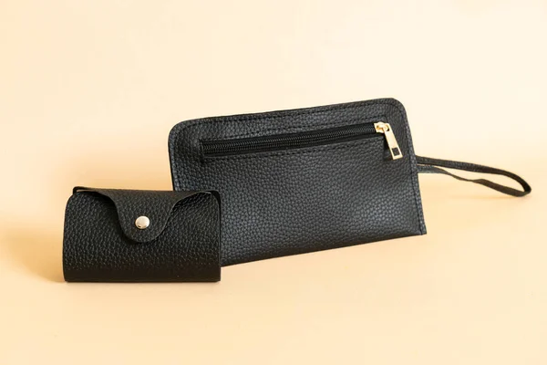 Black Leather Hand Bag Black Leather Card Bag — Stock Photo, Image