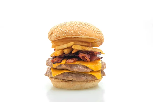 Fläskhamburgare Eller Fläskburgare Med Ost Bacon Och Pommes Frites Isolerade — Stockfoto