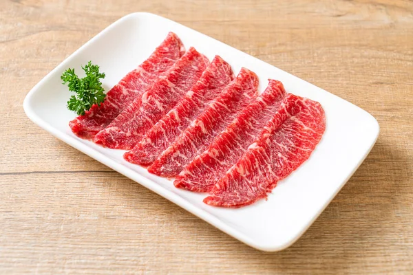 Carne Fresca Rodajas Crudas Con Textura Mármol Servida Para Sukiyaki — Foto de Stock