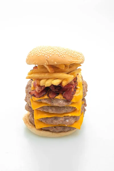 Hamburger Van Varkensvlees Varkensvlees Met Kaas Spek Frites Geïsoleerd Witte — Stockfoto
