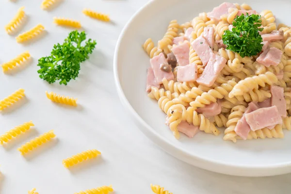 Spirali Spiral Pasta Mushroom Cream Sauce Ham Italian Food Style — Stock Photo, Image