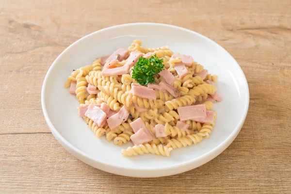 Spirali Spiral Pasta Mushroom Cream Sauce Ham Italian Food Style — Stock Photo, Image