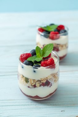 Ev yapımı ahududu ve yaban mersinli yoğurt ve granola. Sağlıklı yemek tarzı.