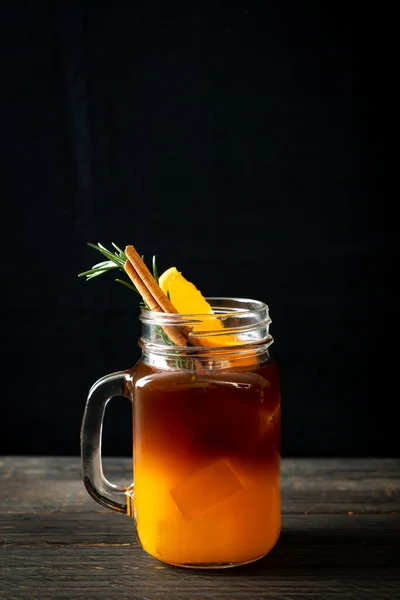 Verre Café Noir Américain Glacé Une Couche Jus Orange Citron — Photo