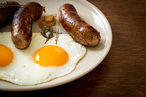 Homemade Double Fried Egg Fried Pork Sausage Breakfast — Stock Photo, Image