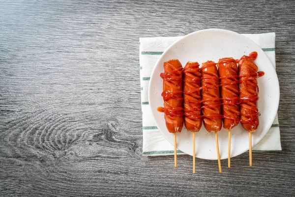 Fried Sausage Skewer Ketchup White Plate — Stock Photo, Image