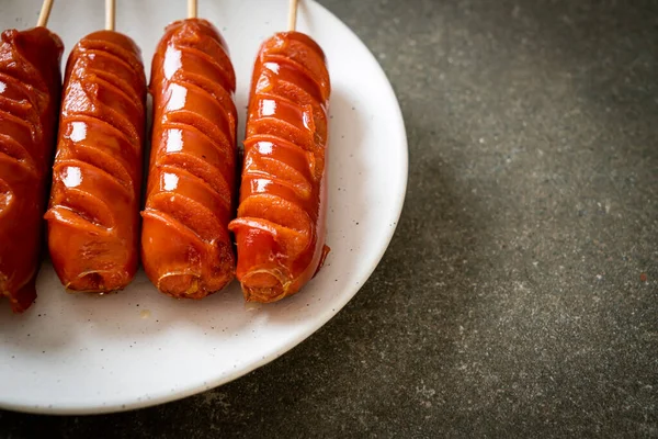 Pincho Salchicha Frita Plato Blanco — Foto de Stock